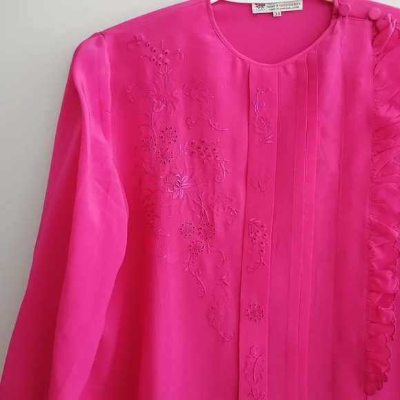 Vintage Peony Pure Silk Hand Embroidered Pink Long Sleeve Blouse Size 34 Small - Picture 5 of 17
